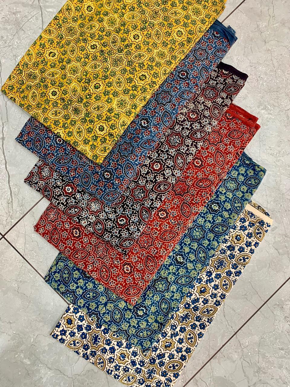 Ajrakh pure cotton handblock printed fabric in indigo blue with traditional geometric design